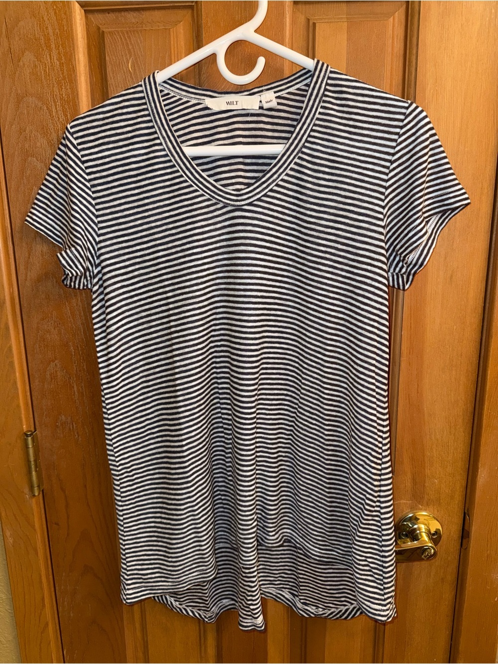 Wilt Navy and White Striped V-Neck Tee
